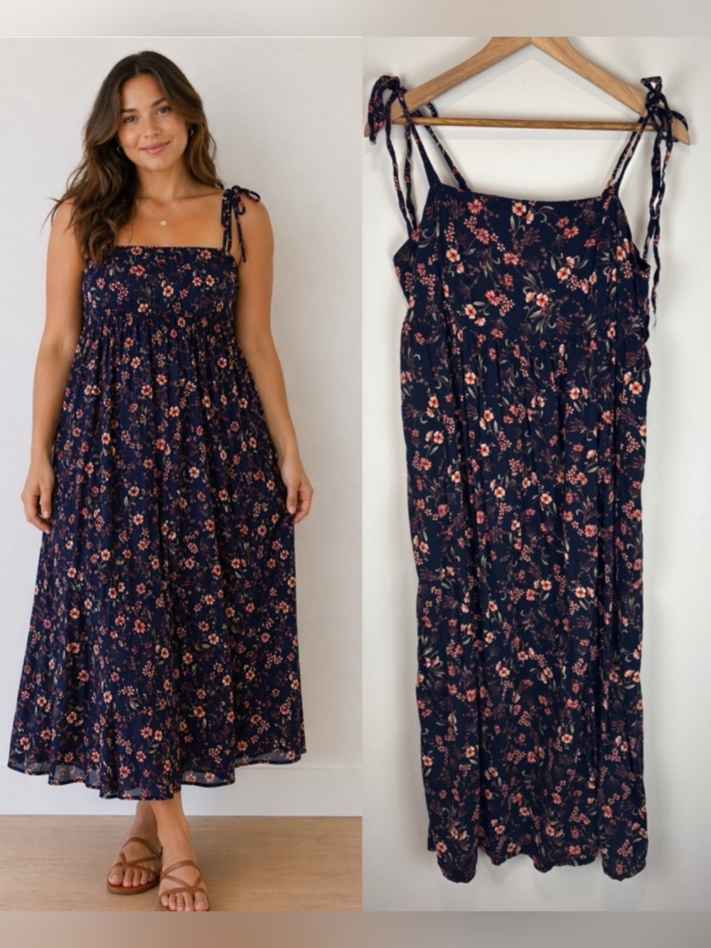 Old Navy Floral Tie Strap Midi Dress Navy Orange Boho Sundress XL Spaghetti